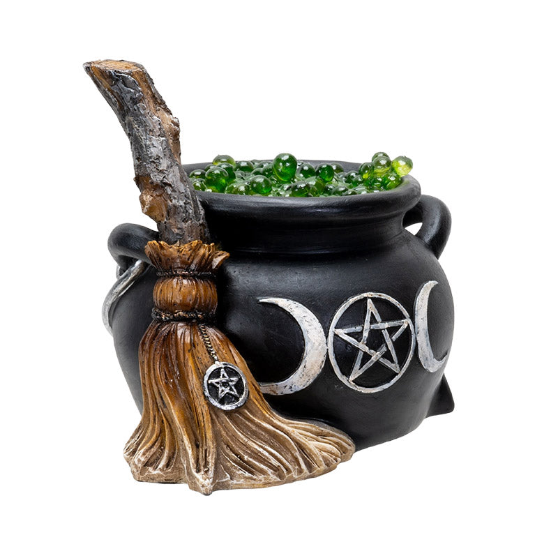 Triple Moon Cauldron W/ Broom Led