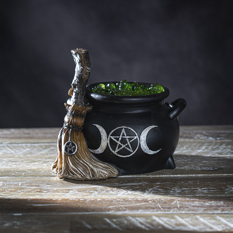 Triple Moon Cauldron W/ Broom Led