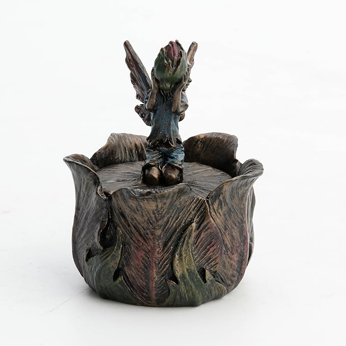 Tiny Fairy Kneeling Holding Bud Flower Trinket Box