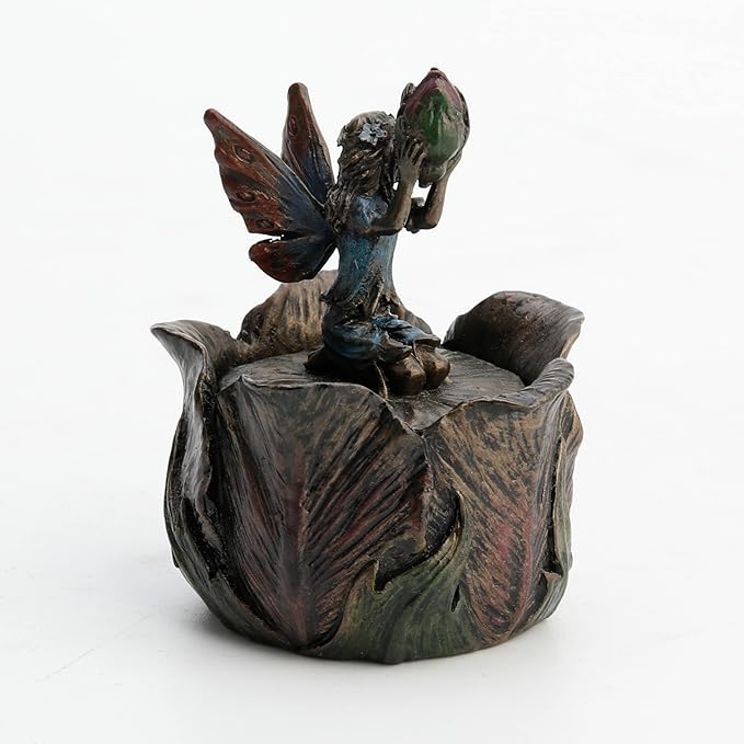 Tiny Fairy Kneeling Holding Bud Flower Trinket Box