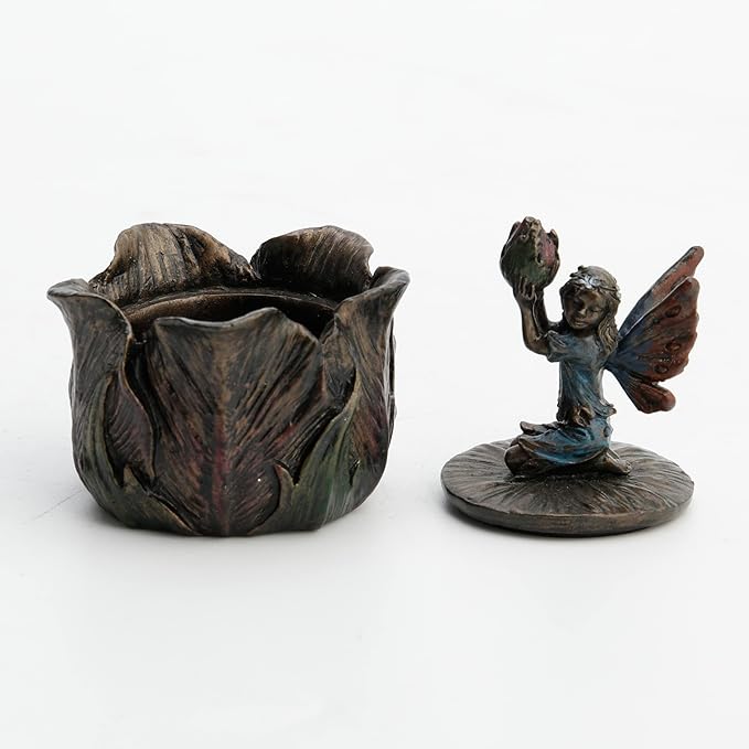 Tiny Fairy Kneeling Holding Bud Flower Trinket Box