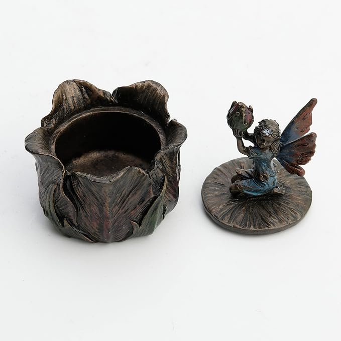 Tiny Fairy Kneeling Holding Bud Flower Trinket Box