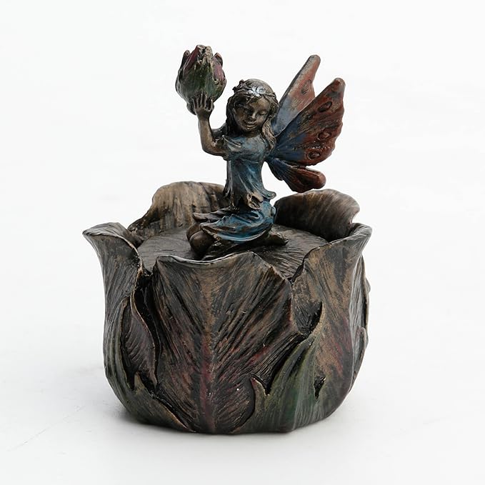 Tiny Fairy Kneeling Holding Bud Flower Trinket Box