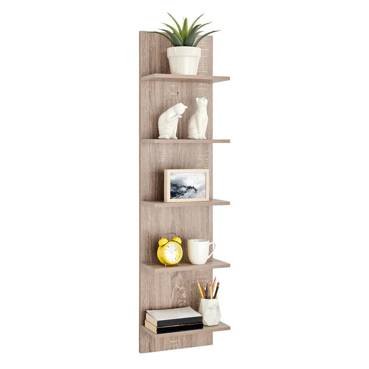 Five-Tier Wide Column Wall Shelf - Weathered Oak