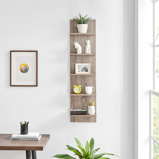 Five-Tier Wide Column Wall Shelf - Weathered Oak