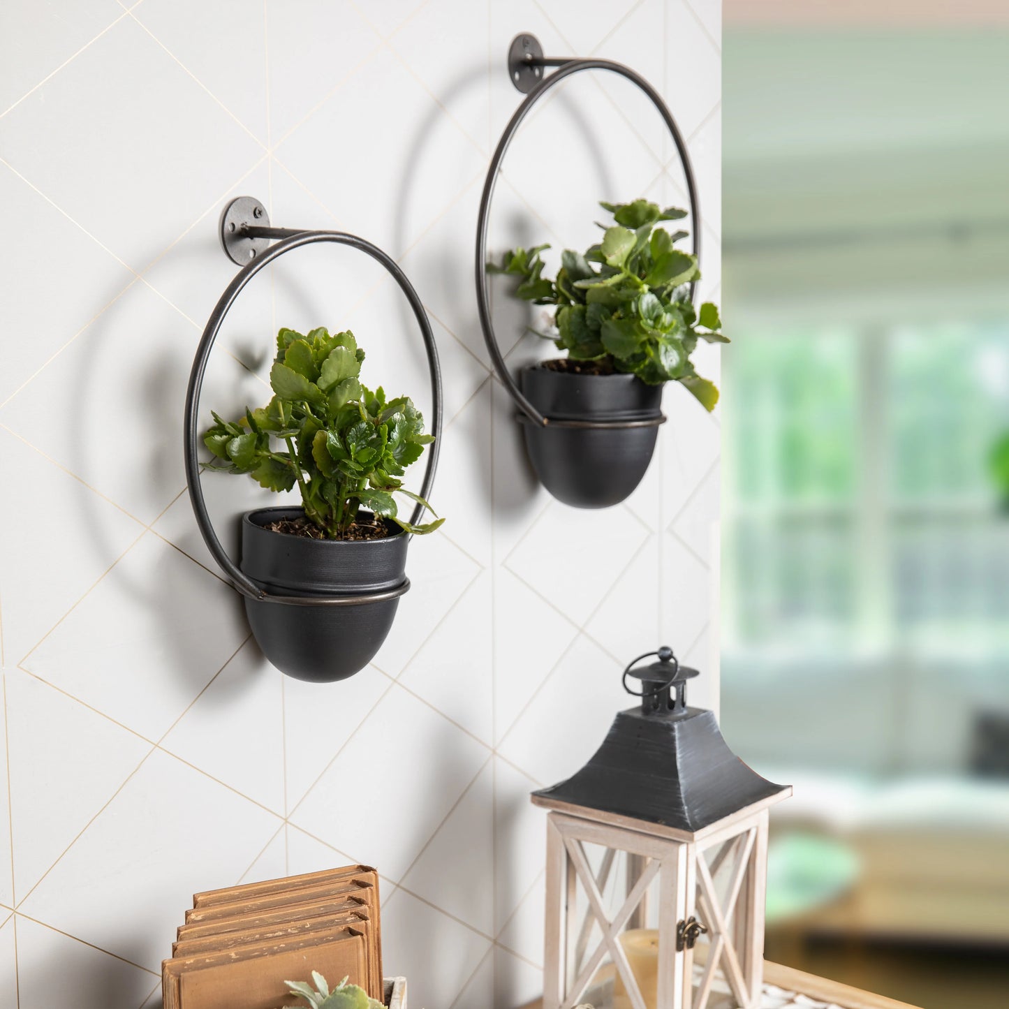 Urban Green 2-Piece Black Metal Hanging Planter Set