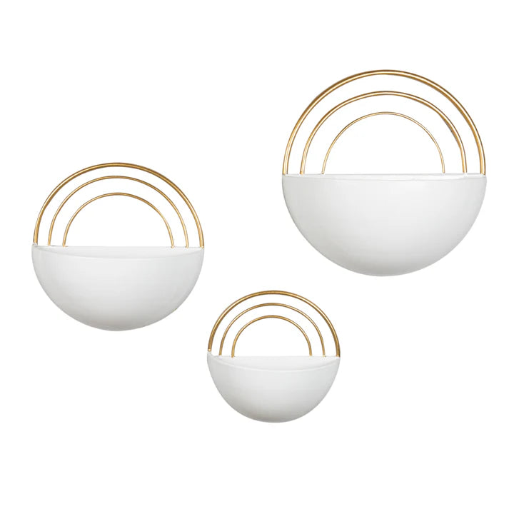 Crescent 3-Piece Metal Wall Planter Set - White with Gold Detail