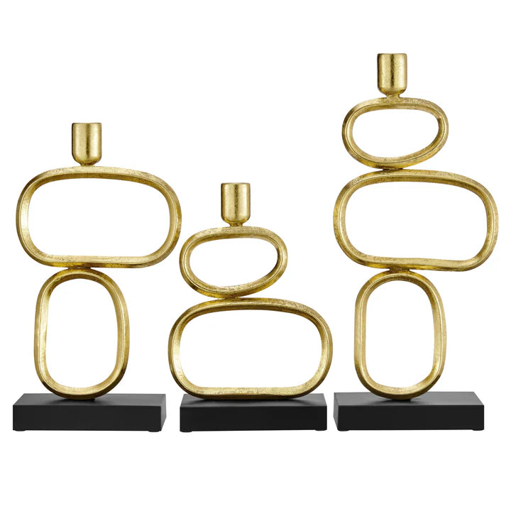 Eduardo Midcentury Modern Geometric Sculpted Gold and Black Candlestick Candle Holders - Set of 3