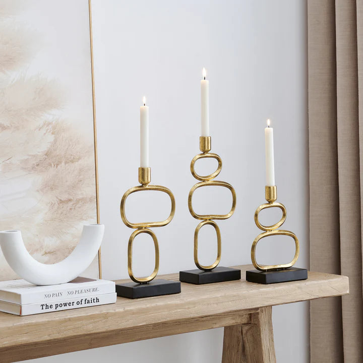 Eduardo Midcentury Modern Geometric Sculpted Gold and Black Candlestick Candle Holders - Set of 3