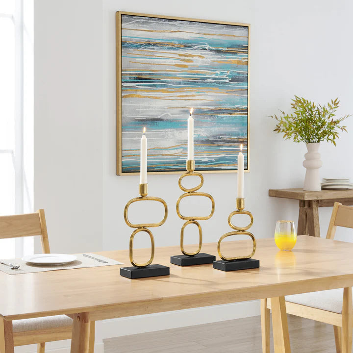 Eduardo Midcentury Modern Geometric Sculpted Gold and Black Candlestick Candle Holders - Set of 3