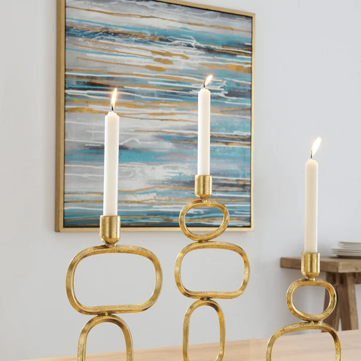 Eduardo Midcentury Modern Geometric Sculpted Gold and Black Candlestick Candle Holders - Set of 3