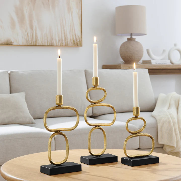 Eduardo Midcentury Modern Geometric Sculpted Gold and Black Candlestick Candle Holders - Set of 3