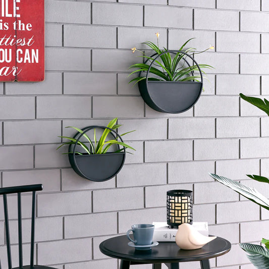 Round 2-Piece iron Wall Planter Set - Black