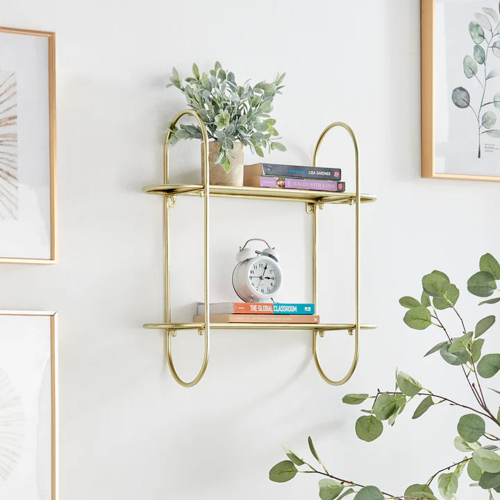 Two-Tier Warm Gold Metal Hanging Bracket Wall Mounted Shelf