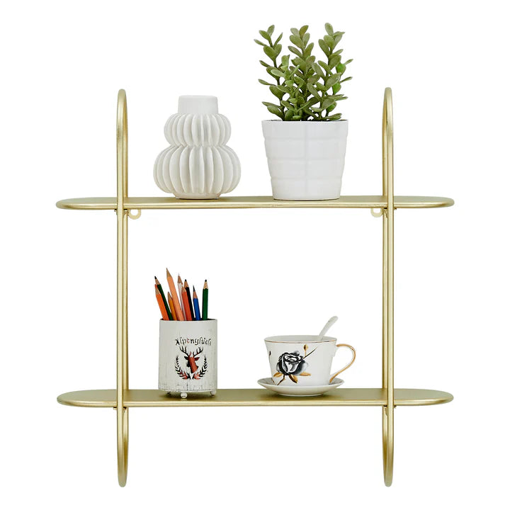 Two-Tier Warm Gold Metal Hanging Bracket Wall Mounted Shelf