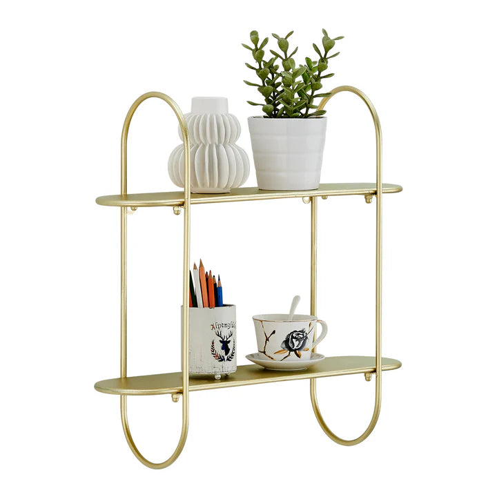 Two-Tier Warm Gold Metal Hanging Bracket Wall Mounted Shelf