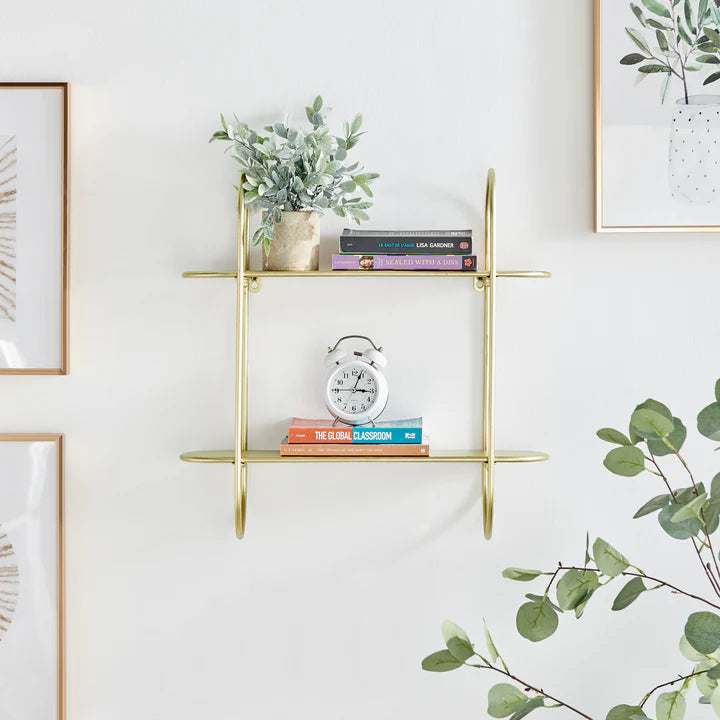 Two-Tier Warm Gold Metal Hanging Bracket Wall Mounted Shelf