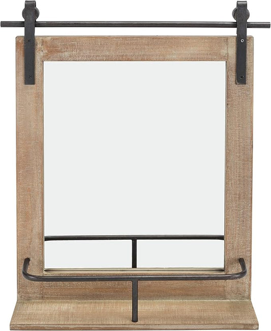 Rustic Industrial Wood-Framed Wall Mount Barn Door Vanity Mirror with Shelf and Iron Hardware