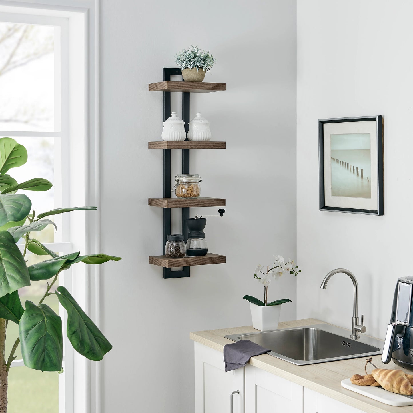 4-Tier Slim Ladder Bracket Floating Metal Frame Wall Shelves