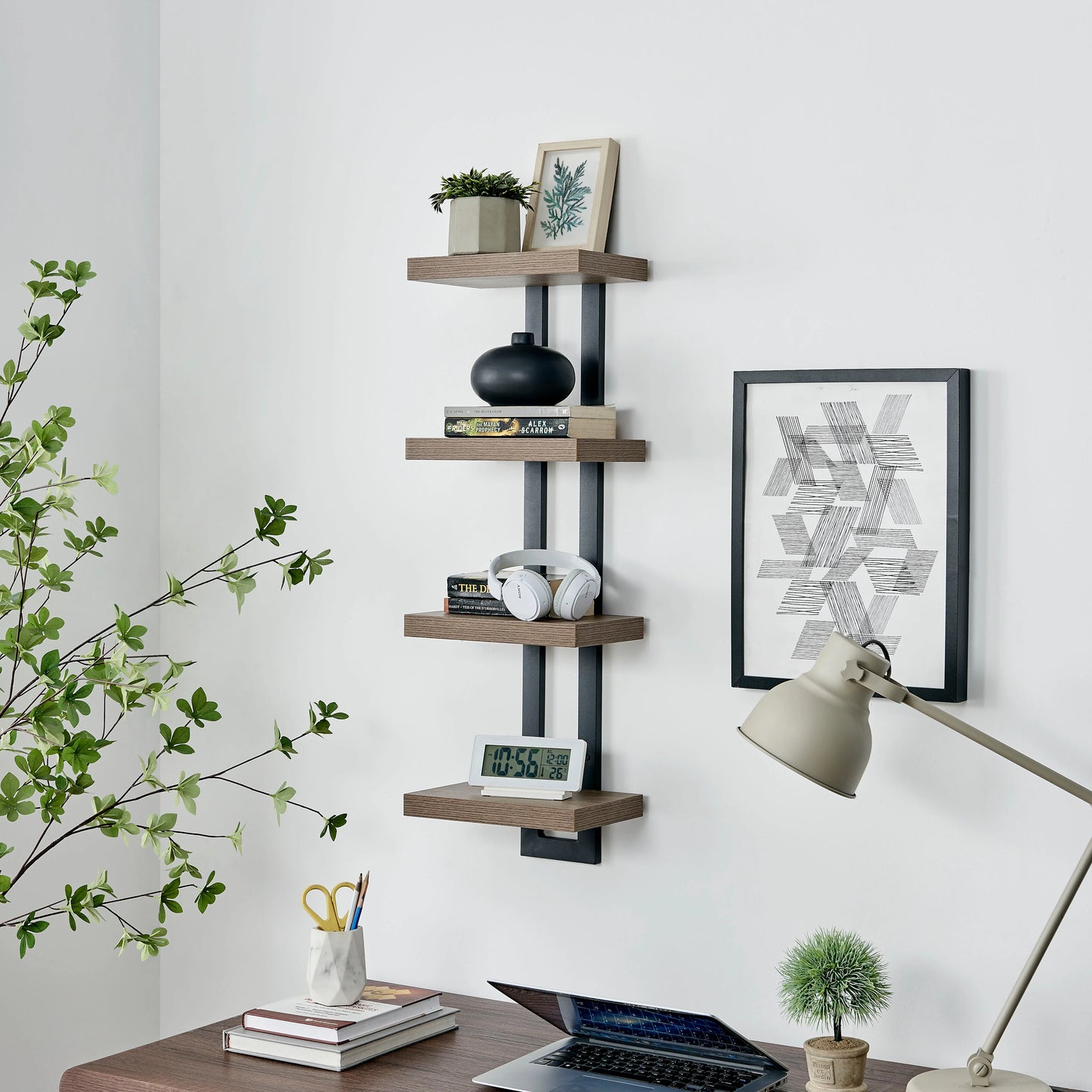 4-Tier Slim Ladder Bracket Floating Metal Frame Wall Shelves