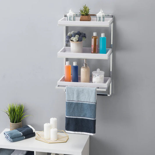 Wall Mount 3-Tier White and Chrome Bathroom Shelf with Towel Bar and Removable Trays