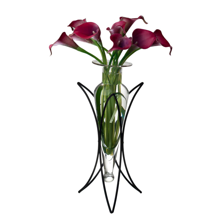 Clear Amphora Vase on Half Moon Metal Stand