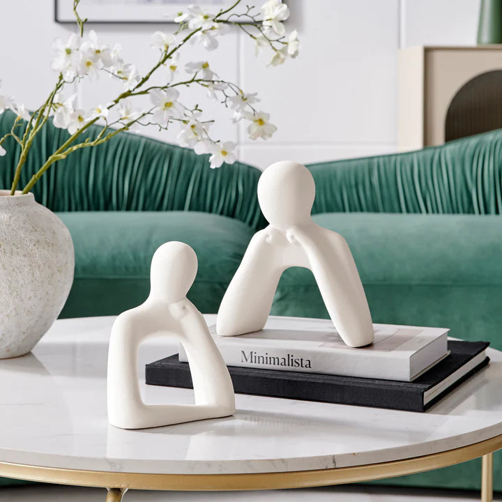 Hans Tanka Cream Abstract Two Piece Thinking Couple Decorative Accent Matte Ceramic Sculpture Figure Set