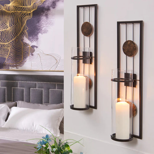 Danya B. 20 in. Modern Floating Decorative Metal Medallion Pillar Candle Sconces – Wall Mount – Set of 2