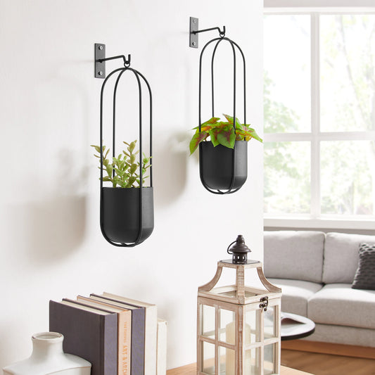 Walter 2-Piece Modern Black Metal Oval Hanging Planter Set with Chain Hanging Option