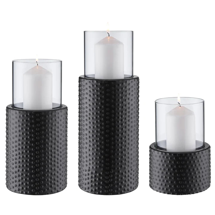 Danya B. Contemporary Candle Holder With Clear Glass Hurricanes And Textured Metal Base