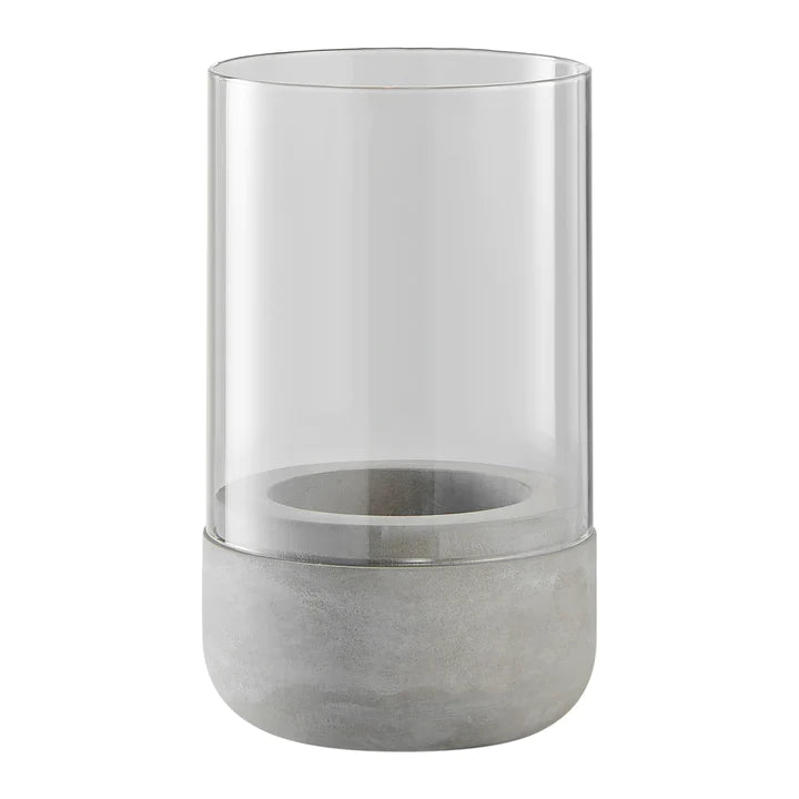 Modern Cool Gray Cement Base and Glass Pillar Candle Holder