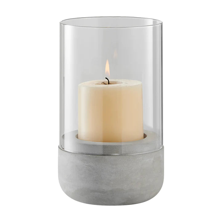 Modern Cool Gray Cement Base and Glass Pillar Candle Holder