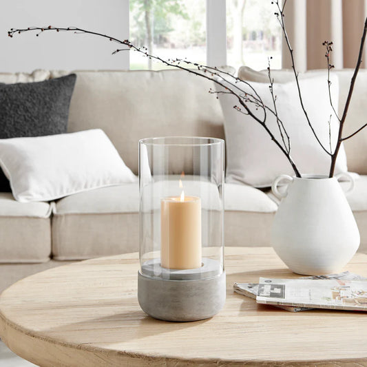 Modern Cool Gray Cement Base and Glass Pillar Candle Holder