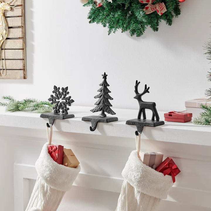 Dark Brown Cast Iron Holiday Sculpture Figure Christmas Decorative Utility Mantel Stocking Hook Set of 3 - Snowflake, Reindeer, Tree