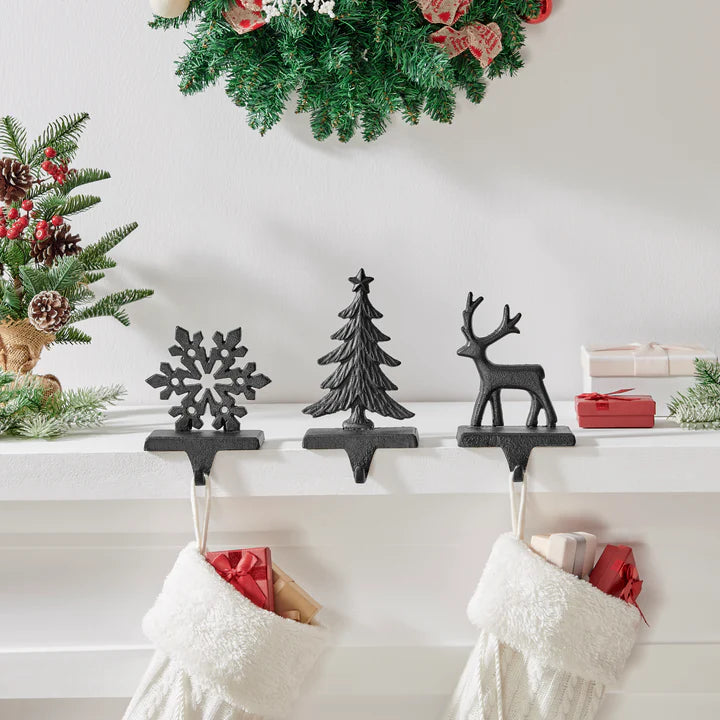 Dark Brown Cast Iron Holiday Sculpture Figure Christmas Decorative Utility Mantel Stocking Hook Set of 3 - Snowflake, Reindeer, Tree