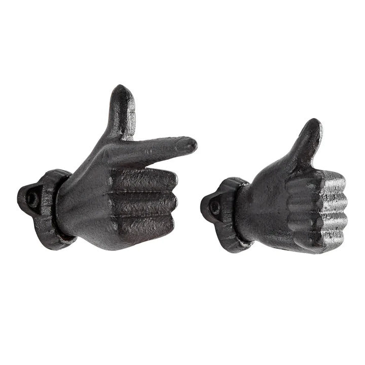 "Thumbs up & Pointing Finger" Dark Brown Cast Iron Wall Mount Hook Set