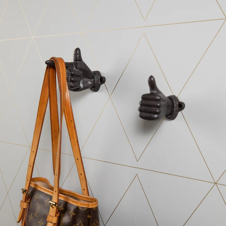 "Thumbs up & Pointing Finger" Dark Brown Cast Iron Wall Mount Hook Set