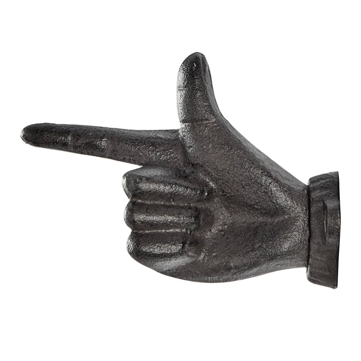 "Thumbs up & Pointing Finger" Dark Brown Cast Iron Wall Mount Hook Set