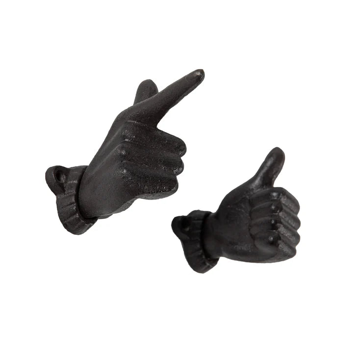 "Thumbs up & Pointing Finger" Dark Brown Cast Iron Wall Mount Hook Set