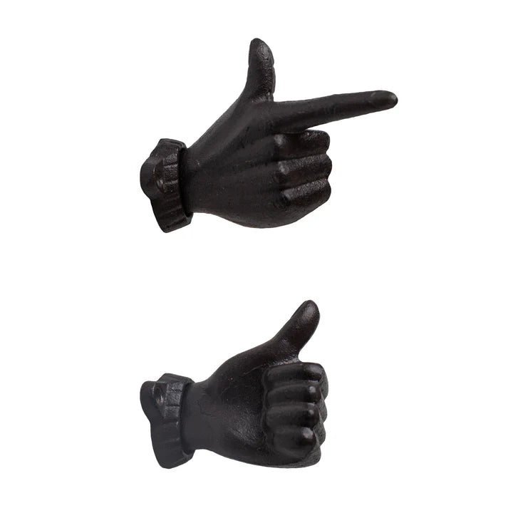 "Thumbs up & Pointing Finger" Dark Brown Cast Iron Wall Mount Hook Set