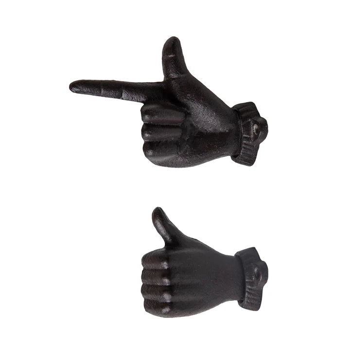 "Thumbs up & Pointing Finger" Dark Brown Cast Iron Wall Mount Hook Set