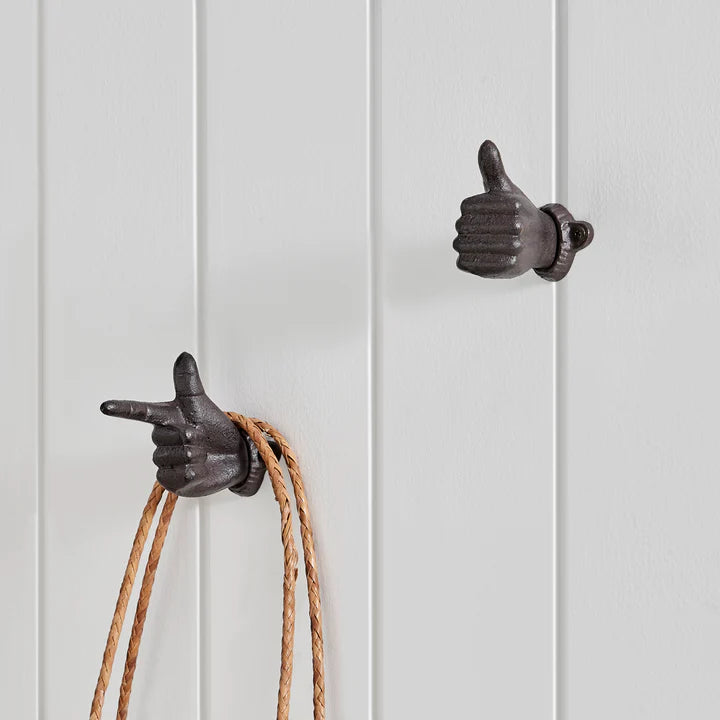 "Thumbs up & Pointing Finger" Dark Brown Cast Iron Wall Mount Hook Set