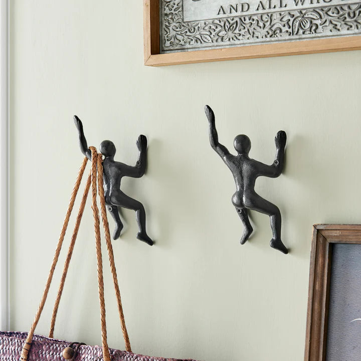 "Wall Climber" Cast Iron Decorative Black Wall Mount Hooks (Set of 2)