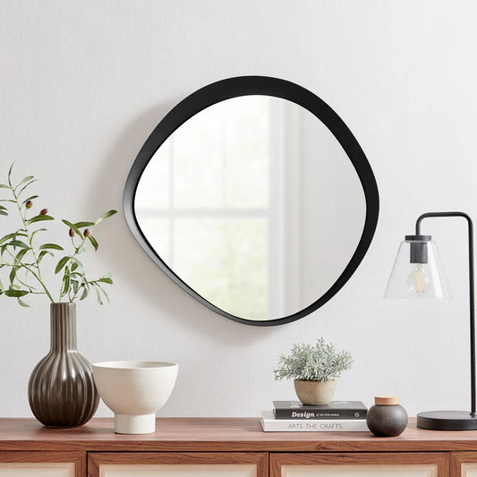 Sonya 24-inch Contemporary Asymmetrical Round Wall Mirror with Raised Black Iron Frame