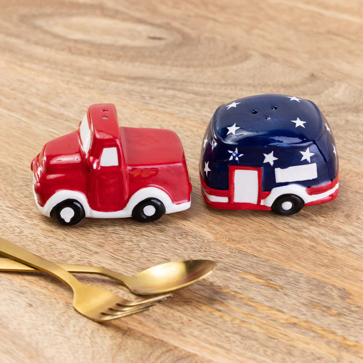 Americana Stars & Striped Old Fashioned Truck & Camper Dolomite Stoneware Salt & Pepper Shaker Set