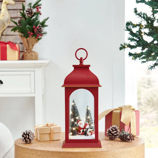 Tabletop Red Christmas Santa Winter Scene Diorama Lighted Lantern Decoration