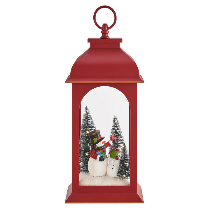 Tabletop Red Christmas Snowman Winter Scene Diorama Lighted Lantern Decoration