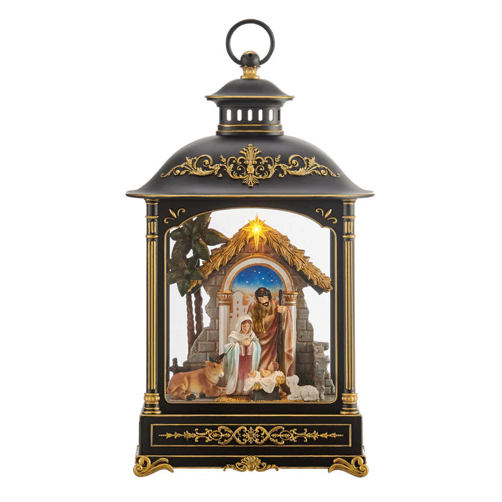 Tabletop Antique Black and Gold Ornate Christmas Nativity Scene Diorama Lighted Lantern Decoration