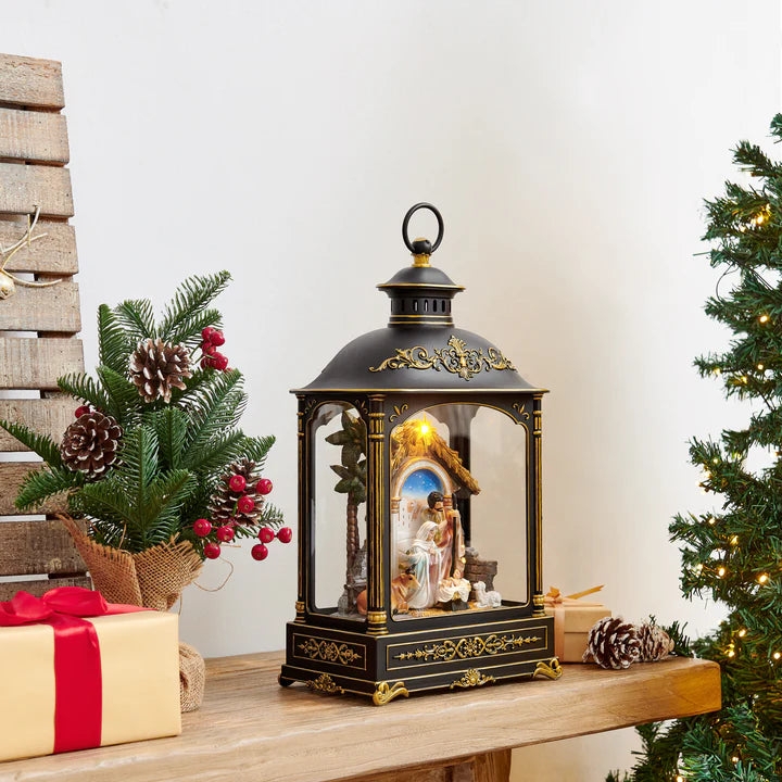 Tabletop Antique Black and Gold Ornate Christmas Nativity Scene Diorama Lighted Lantern Decoration