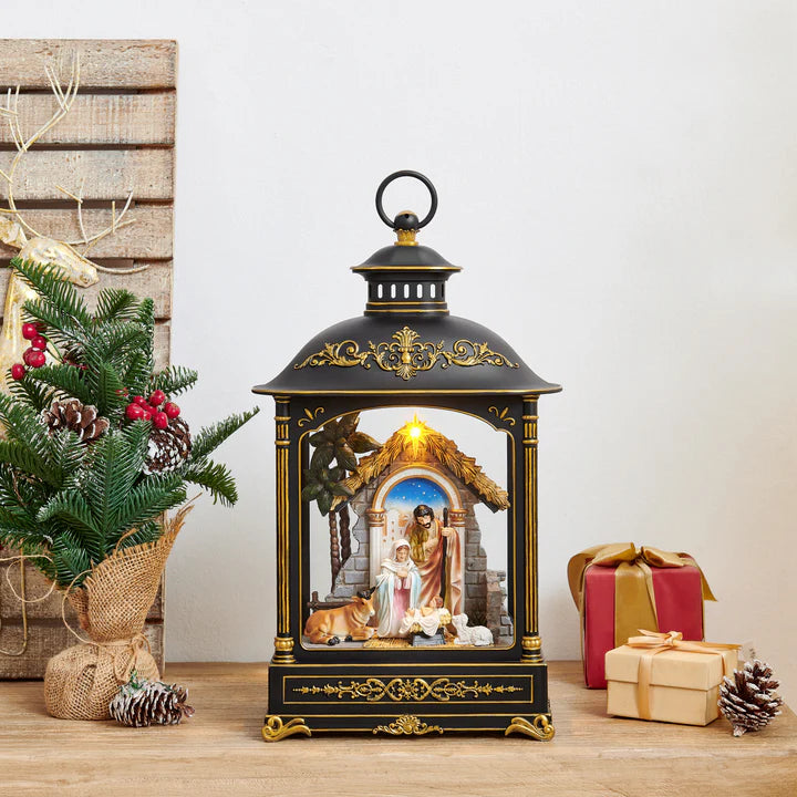 Tabletop Antique Black and Gold Ornate Christmas Nativity Scene Diorama Lighted Lantern Decoration